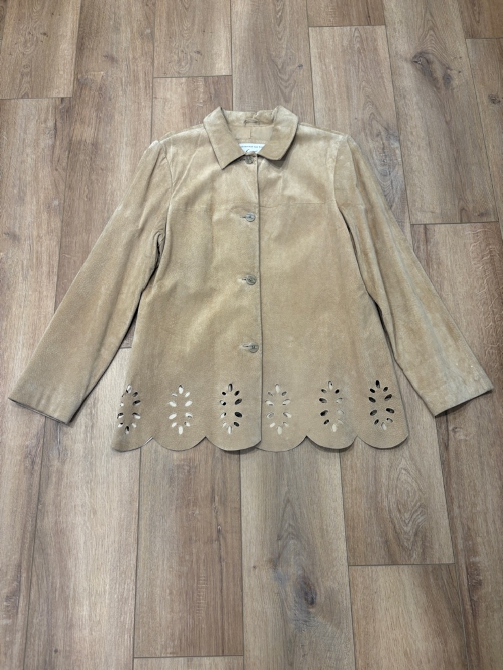 VTG! 🌟LORD & TAYLOR🌟 SUEDE EYELET SCALLOPED HEM BUTTON FRONT JACKET BEIGE XL